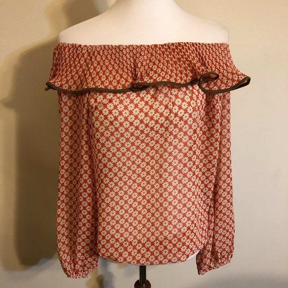 A’reve Anthropologie Red Off Shoulder Floral Top - Picture 5 of 11